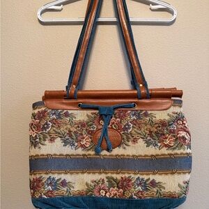 ⭐️Baby Sac Floral Tapestry Shoulder Bag with Brown and Blue Accents Vintage 1994